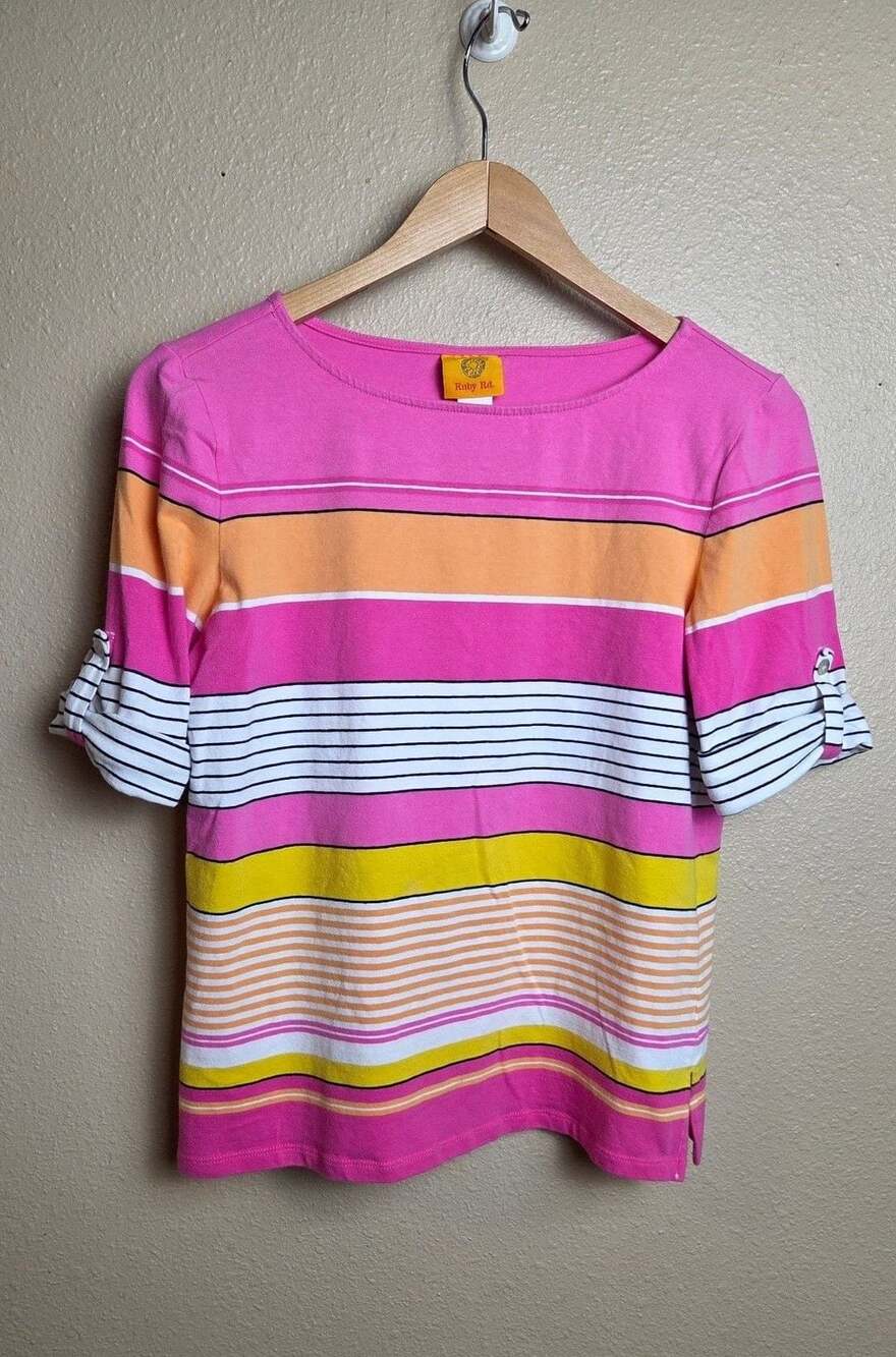 Ruby Rd. Striped Top Multi Color Roll Tab Sleeve